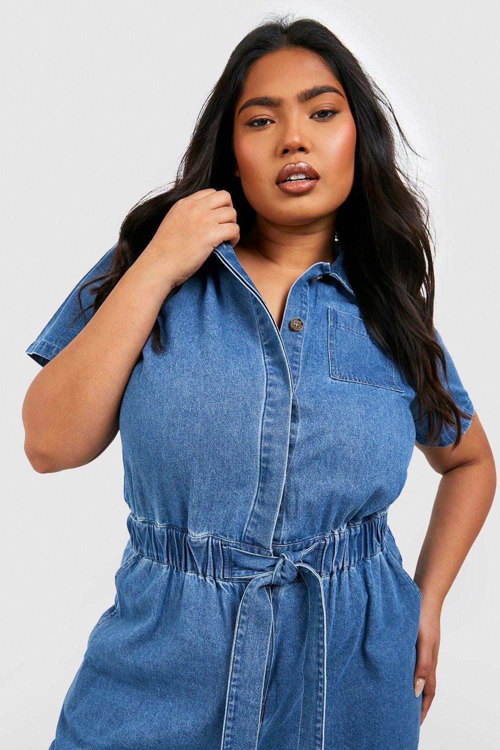 Plus Denim Pocket Short Sleeve Jumpsuit boohoo